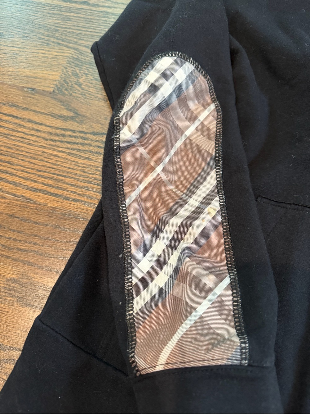 Burberry Black Zip-Up Hoodie with Beige Check Lining and Elbow Patches - Picture 2 of 7